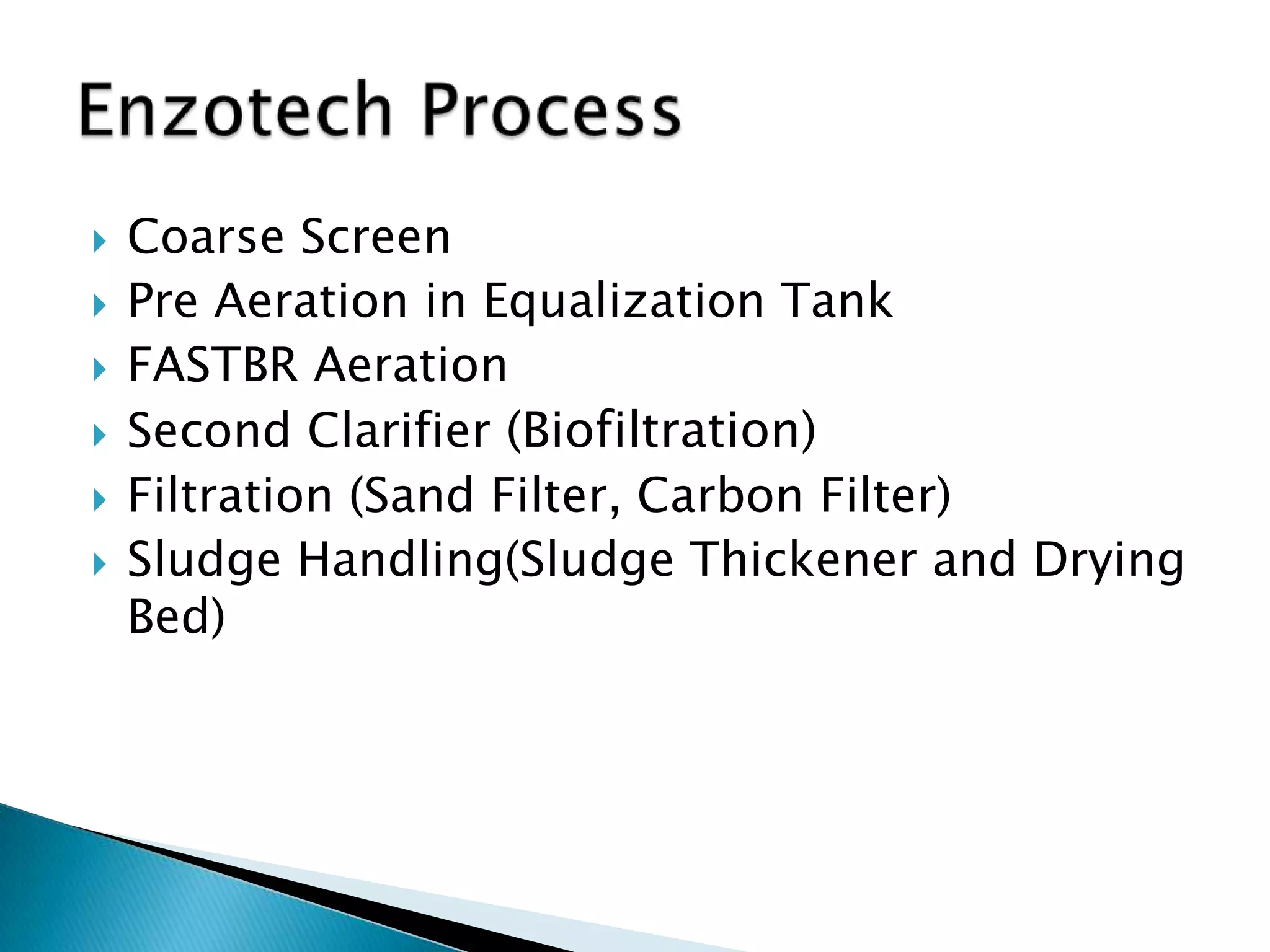    Coarse Screen
   Pre Aeration in Equalization Tank
   FASTBR Aeration
   Second Clarifier (Biofiltration)
   Filtration (Sand Filter, Carbon Filter)
   Sludge Handling(Sludge Thickener and Drying
    Bed)
 