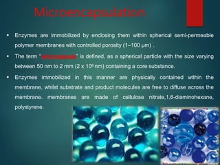 Microencapsulation
 Enzymes are immobilized by enclosing them within spherical semi-permeable
polymer membranes with controlled porosity (1–100 μm) .
 The term “microcapsule” is defined, as a spherical particle with the size varying
between 50 nm to 2 mm (2 x 106 nm) containing a core substance.
 Enzymes immobilized in this manner are physically contained within the
membrane, whilst substrate and product molecules are free to diffuse across the
membrane. membranes are made of cellulose nitrate,1,6-diaminohexane,
polystyrene.
 