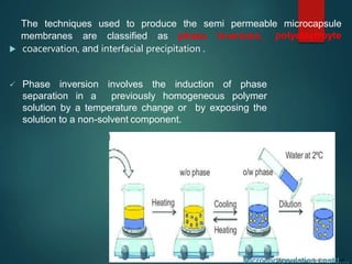 The techniques
 coacervation, and interfacial precipitation .
 Phase inversion involves the induction of phase
separation in a previously homogeneous polymer
solution by a temperature change or by exposing the
solution to a non-solvent component.
used to produce the semi permeable microcapsule
membranes are classified as phase inversion, polyelectroyte
Microencapsulation contd….
 