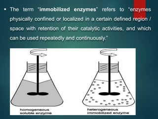  The term “immobilized enzymes” refers to “enzymes
physically confined or localized in a certain defined region /
space with retention of their catalytic activities, and which
can be used repeatedly and continuously.”
 