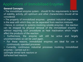 Applications of Immobilized Enzymes
General Concepts:
• The immobilized enzyme system - should fit the requirements in terms
of stability, activity, pH optimum and other characteristics should all be
considered
• The property of immobilized enzymes - greatest industrial importance
is the ease with which they can be separated from reaction mixtures
• Hence, in contrast to systems involving soluble enzymes - the reaction
can be stopped by physical removal of the immobilized enzyme -
without requiring such procedures as heat inactivation which might
affect the products of the reaction
• Furthermore, the enzyme will still be active and largely
uncontaminated, so can be used again.
• For these reasons, immobilized enzymes are ideal for use in
continuously operated processes
• Currently, continuous industrial processes involving immobilized
enzymes – carried out in –
(a)Simple stirred tank reactors or
(b)Packed bed reactors
 
