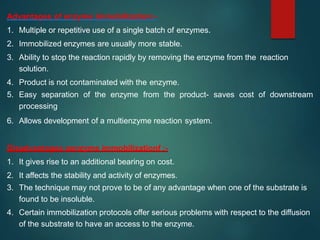 Advantages of enzyme immobilization:-
1. Multiple or repetitive use of a single batch of enzymes.
2. Immobilized enzymes are usually more stable.
3. Ability to stop the reaction rapidly by removing the enzyme from the reaction
solution.
4. Product is not contaminated with the enzyme.
5. Easy separation of the enzyme from the product- saves cost of downstream
processing
6. Allows development of a multienzyme reaction system.
Disadvantages oenzyme immobilizationf :-
1. It gives rise to an additional bearing on cost.
2. It affects the stability and activity of enzymes.
3. The technique may not prove to be of any advantage when one of the substrate is
found to be insoluble.
4. Certain immobilization protocols offer serious problems with respect to the diffusion
of the substrate to have an access to the enzyme.
 