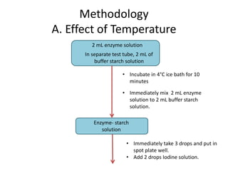 Methodology
A. Effect of Temperature
2 mL enzyme solution
In separate test tube, 2 mL of
buffer starch solution
• Incubate in 4°C ice bath for 10
minutes
• Immediately mix 2 mL enzyme
solution to 2 mL buffer starch
solution.
Enzyme- starch
solution
• Immediately take 3 drops and put in
spot plate well.
• Add 2 drops Iodine solution.
 
