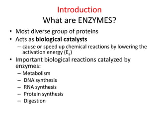 Introduction
What are ENZYMES?
• Most diverse group of proteins
• Acts as biological catalysts
– cause or speed up chemical reactions by lowering the
activation energy (Ea)
• Important biological reactions catalyzed by
enzymes:
– Metabolism
– DNA synthesis
– RNA synthesis
– Protein synthesis
– Digestion
 