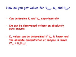 How do you get values for Vmax, Km and kcat?
• Can determine Km and Vmax experimentally
• Km can be determined without an absolutely
pure enzyme
• Kcat values can be determined if Vmax is known and
the absolute concentration of enzyme is known
(Vmax = kcat[Etotal]
 