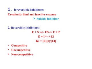 1. Irreversible Inhibitors:
Covalently bind and inactive enzyme
 Suicide Inhibitor
2. Reversible Inhibitors:
E + S <-> ES -> E + P
E + I <-> EI
Ki = [E][I]/[EI]
• Competitive
• Uncompetitive
• Non-competitive
 
