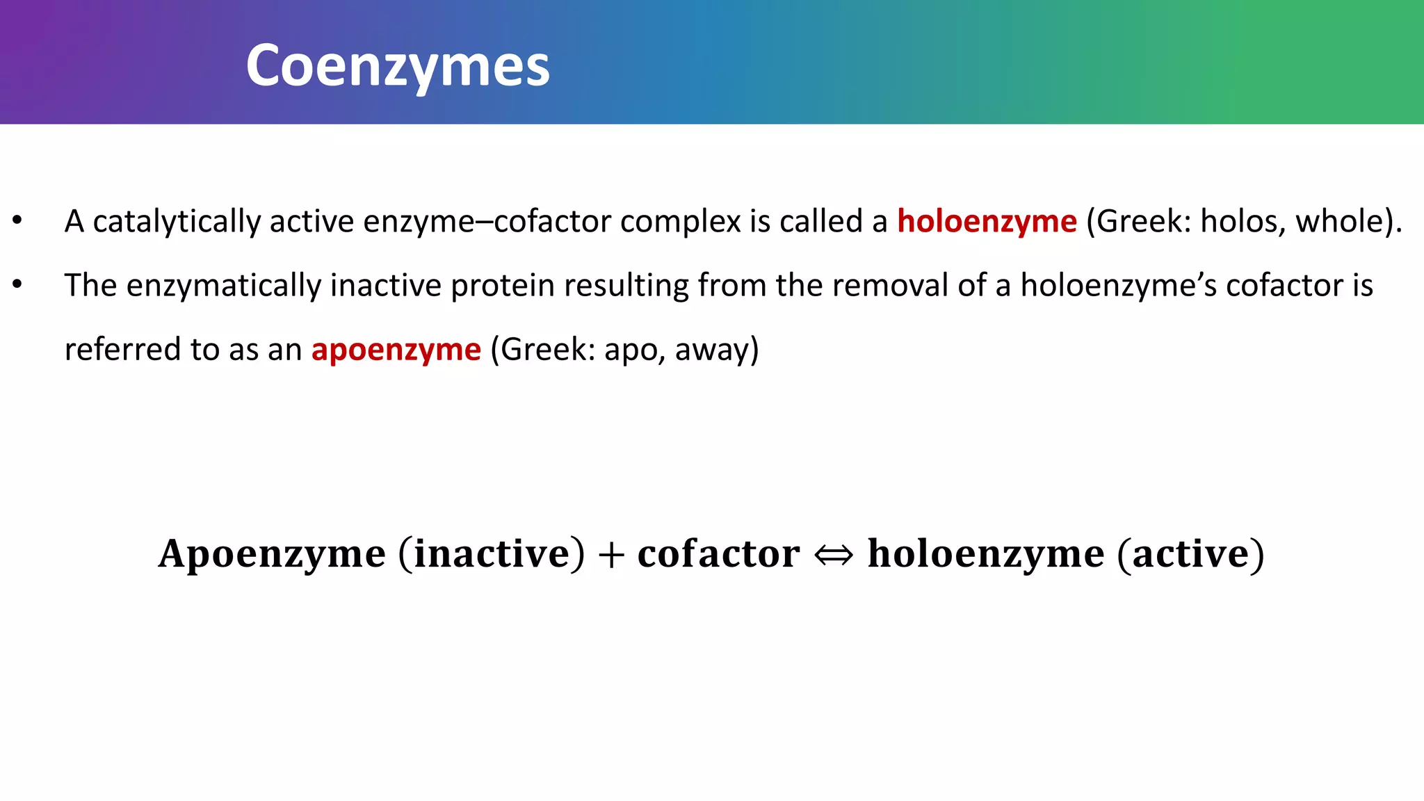 Coenzymes
• A catalytically active enzyme–cofactor complex is called a holoenzyme (Greek: holos, whole).
• The enzymatically inactive protein resulting from the removal of a holoenzyme’s cofactor is
referred to as an apoenzyme (Greek: apo, away)
𝐀𝐩𝐨𝐞𝐧𝐳𝐲𝐦𝐞 𝐢𝐧𝐚𝐜𝐭𝐢𝐯𝐞 + 𝐜𝐨𝐟𝐚𝐜𝐭𝐨𝐫 ⇔ 𝐡𝐨𝐥𝐨𝐞𝐧𝐳𝐲𝐦𝐞 (𝐚𝐜𝐭𝐢𝐯𝐞)
 