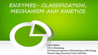 ENZYMES- CLASSIFICATION,
MECHANISM AND KINETICS
S.P.R VISHALI
I M. Sc. Biotechnlogy
PG & Research department of Biotechnology and Microbiology
National College (Autonous), Trichy, Tamil Nadu
 
