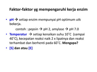 Faktor-faktor yg mempengaruhi kerja enzim
• pH  setiap enzim mempunyai pH optimum utk
bekerja.
contoh : pepsin  pH 2, amylase  pH 7.0
• Temperatur  setiap kenaikan suhu 10˚C (sampai
40˚C), kecepatan reaksi naik 2 x lipatnya dan reaksi
terhambat dan berhenti pada 60˚C. Mengapa?
• [S] dan atau [E]
 