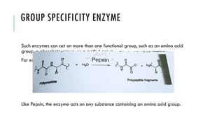 GROUP SPECIFICITY ENZYME
Such enzymes can act on more than one functional group, such as an amino acid
group, a phosphate group, or a methyl group.
For example, page 30 of the chapter
Like Pepsin, the enzyme acts on any substance containing an amino acid group.
 