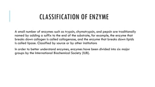 CLASSIFICATION OF ENZYME
A small number of enzymes such as trypsin, chymotrypsin, and pepsin are traditionally
named by adding a suffix to the end of the substrate, for example, the enzyme that
breaks down collagen is called collagenase, and the enzyme that breaks down lipids
is called lipase. Classified by source or by other institutions
In order to better understand enzymes, enzymes have been divided into six major
groups by the International Biochemical Society (IUB).
 