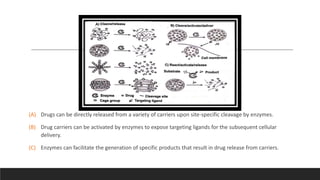 (A) Drugs can be directly released from a variety of carriers upon site-specific cleavage by enzymes.
(B) Drug carriers can be activated by enzymes to expose targeting ligands for the subsequent cellular
delivery.
(C) Enzymes can facilitate the generation of specific products that result in drug release from carriers.
 