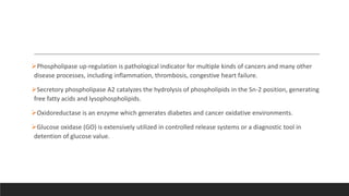 Phospholipase up-regulation is pathological indicator for multiple kinds of cancers and many other
disease processes, including inflammation, thrombosis, congestive heart failure.
Secretory phospholipase A2 catalyzes the hydrolysis of phospholipids in the Sn-2 position, generating
free fatty acids and lysophospholipids.
Oxidoreductase is an enzyme which generates diabetes and cancer oxidative environments.
Glucose oxidase (GO) is extensively utilized in controlled release systems or a diagnostic tool in
detention of glucose value.
 