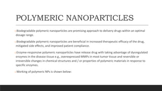 POLYMERIC NANOPARTICLES
oBiodegradable polymeric nanoparticles are promising approach to delivery drugs within an optimal
dosage range.
oBiodegradable polymeric nanoparticles are beneficial in increased therapeutic efficacy of the drug,
mitigated side effects, and improved patient compliance.
oEnzyme-responsive polymeric nanoparticles have release drug with taking advantage of dysregulated
enzymes in the disease tissue e.g., overexpressed MMPs in most tumor tissue and reversible or
irreversible changes in chemical structures and / or properties of polymeric materials in response to
specific enzymes.
oWorking of polymeric NPs is shown below:
 