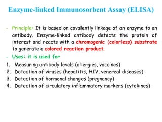 Enzyme-linked Immunosorbent Assay (ELISA)
- Principle: It is based on covalently linkage of an enzyme to an
antibody. Enzyme-linked antibody detects the protein of
interest and reacts with a chromogenic (colorless) substrate
to generate a colored reaction product.
- Uses: it is used for
1. Measuring antibody levels (allergies, vaccines)
2. Detection of viruses (hepatitis, HIV, venereal diseases)
3. Detection of hormonal changes (pregnancy)
4. Detection of circulatory inflammatory markers (cytokines)
 