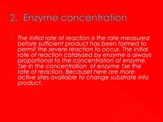

The initial rate of reaction is the rate measured
before sufficient product has been formed to
permit the severe reaction to occur. The initial
rate of reaction catalyzed by enzyme is always
proportional to the concentration of enzyme.
↑se in the concentration of enzyme ↑se the
rate of reaction. Becauset here are more
active sites available to change substrate into
product.

 