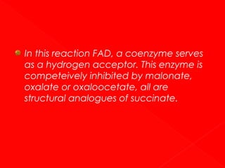 In this reaction FAD, a coenzyme serves
as a hydrogen acceptor. This enzyme is
competeively inhibited by malonate,
oxalate or oxaloocetate, all are
structural analogues of succinate.

 