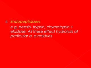B.

Endopeptidases
e.g. pepsin, trypsin, chymotrypin +
elastase. All these effect hydrolysis at
particular α .α residues

 