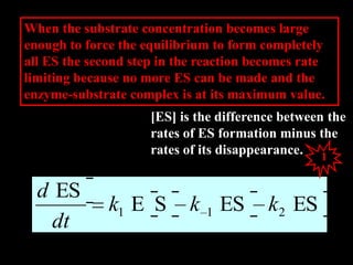 When the substrate concentration becomes large
enough to force the equilibrium to form completely
all ES the second step in the reaction becomes rate
limiting because no more ES can be made and the
enzyme-substrate complex is at its maximum value.
ES
P
2k
dt
d
v
[ES] is the difference between the
rates of ES formation minus the
rates of its disappearance.
ESESSE
ES
211 kkk
dt
d
1
 