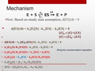 Mechanism
•Now: Based on steady state assumption, d[ES]/dt = 0
• d[ES]/dt = k1[E][S] –k-1[ES] – k2[ES] = 0
•
• d[ES]/dt = k1{[E]0-[ES]}[S] –k-1[ES] – k2[ES] = 0
• k1[E]0[S]-K1[ES][S] –k-1[ES] – k2[ES] = 0
• k1[E]0[S]-K1[ES][S] = k-1[ES] + k2[ES]
• k1[E]0[S] = k-1[ES] + k2[ES]+K1[ES][S]
• k1[E]0[S] = {k-1+ k2+K1[S]}[ES]
• [ES] = [E]0[S] k1/(k-1 + k2+K1[S])
[E]0  [E]+[ES]
[E]  [E]0 [ES]
Enzyme conservation equation
 