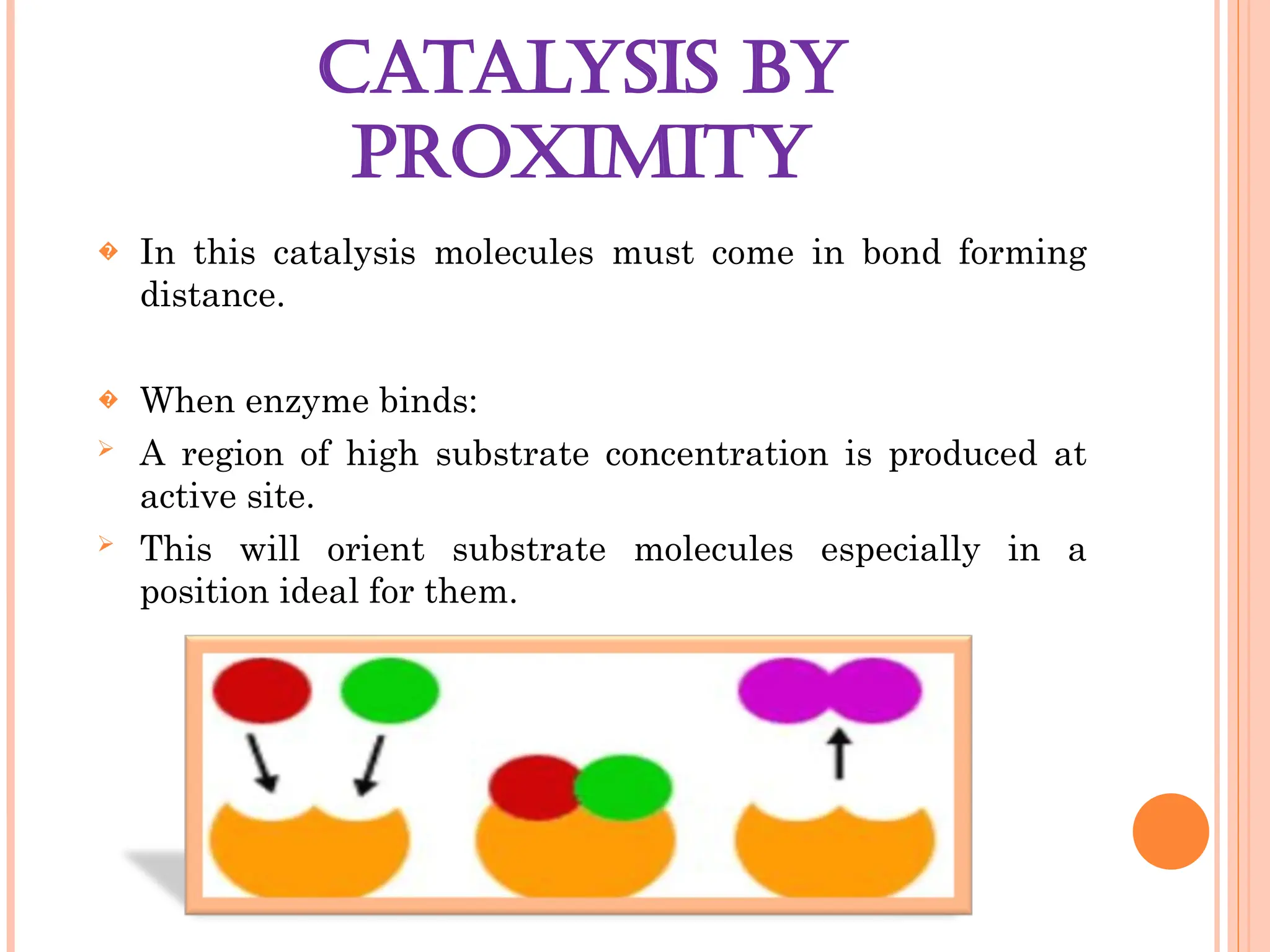 CATALYSIS BY
PROXIMITY
� In this catalysis molecules must come in bond forming
distance.
� When enzyme binds:
 A region of high substrate concentration is produced at
active site.
 This will orient substrate molecules especially in a
position ideal for them.
 