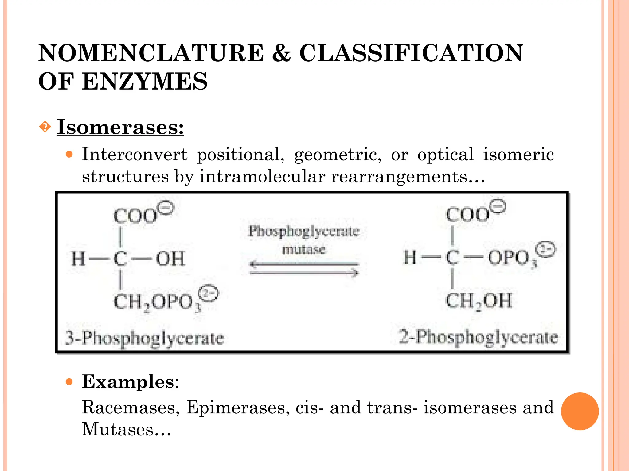 NOMENCLATURE & CLASSIFICATION
OF ENZYMES
� Isomerases:
⚫ Interconvert positional, geometric, or optical isomeric
structures by intramolecular rearrangements…
⚫ Examples:
Racemases, Epimerases, cis- and trans- isomerases and
Mutases…
 