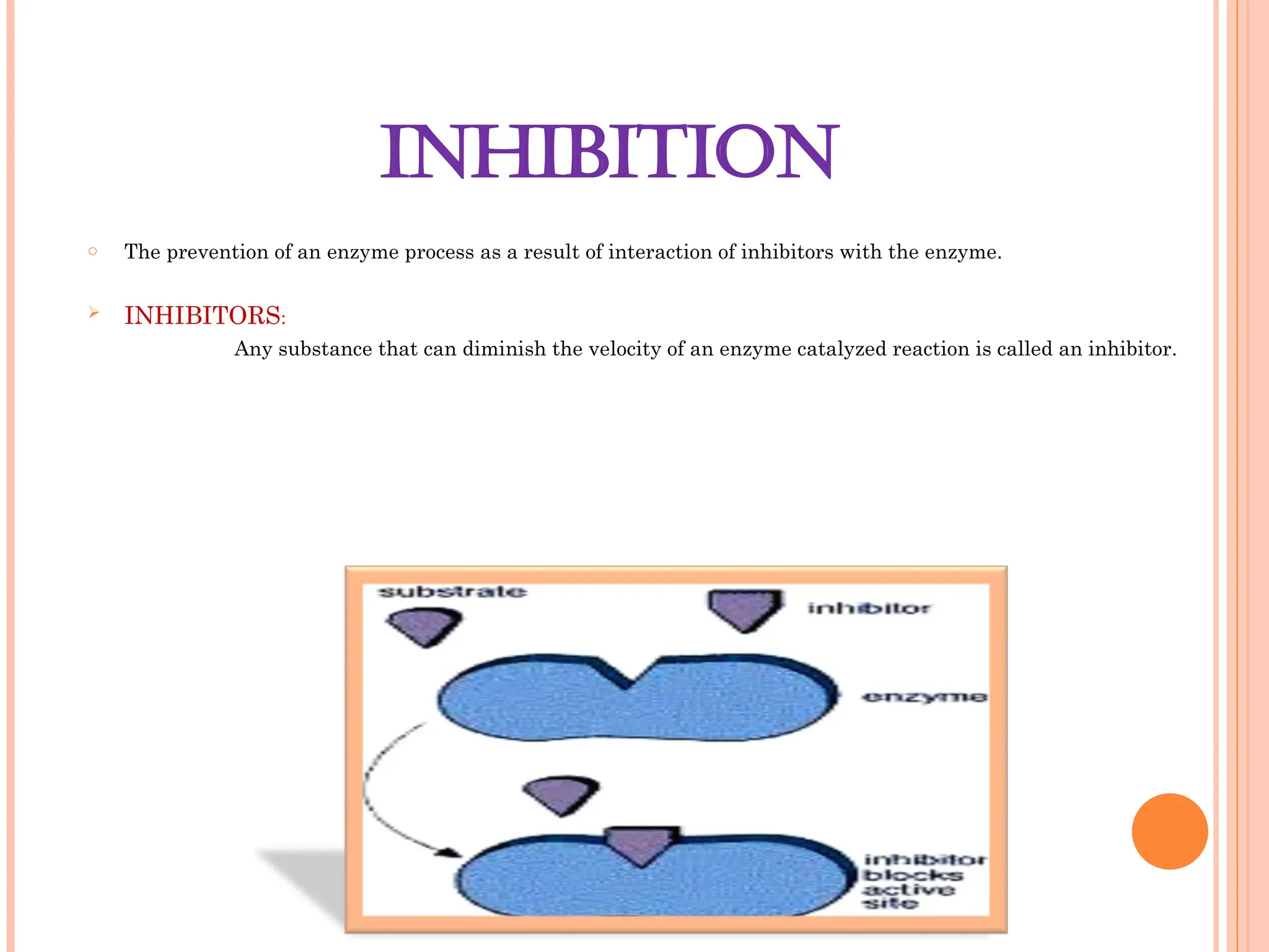 INHIBITION
o The prevention of an enzyme process as a result of interaction of inhibitors with the enzyme.
 INHIBITORS:
Any substance that can diminish the velocity of an enzyme catalyzed reaction is called an inhibitor.
 