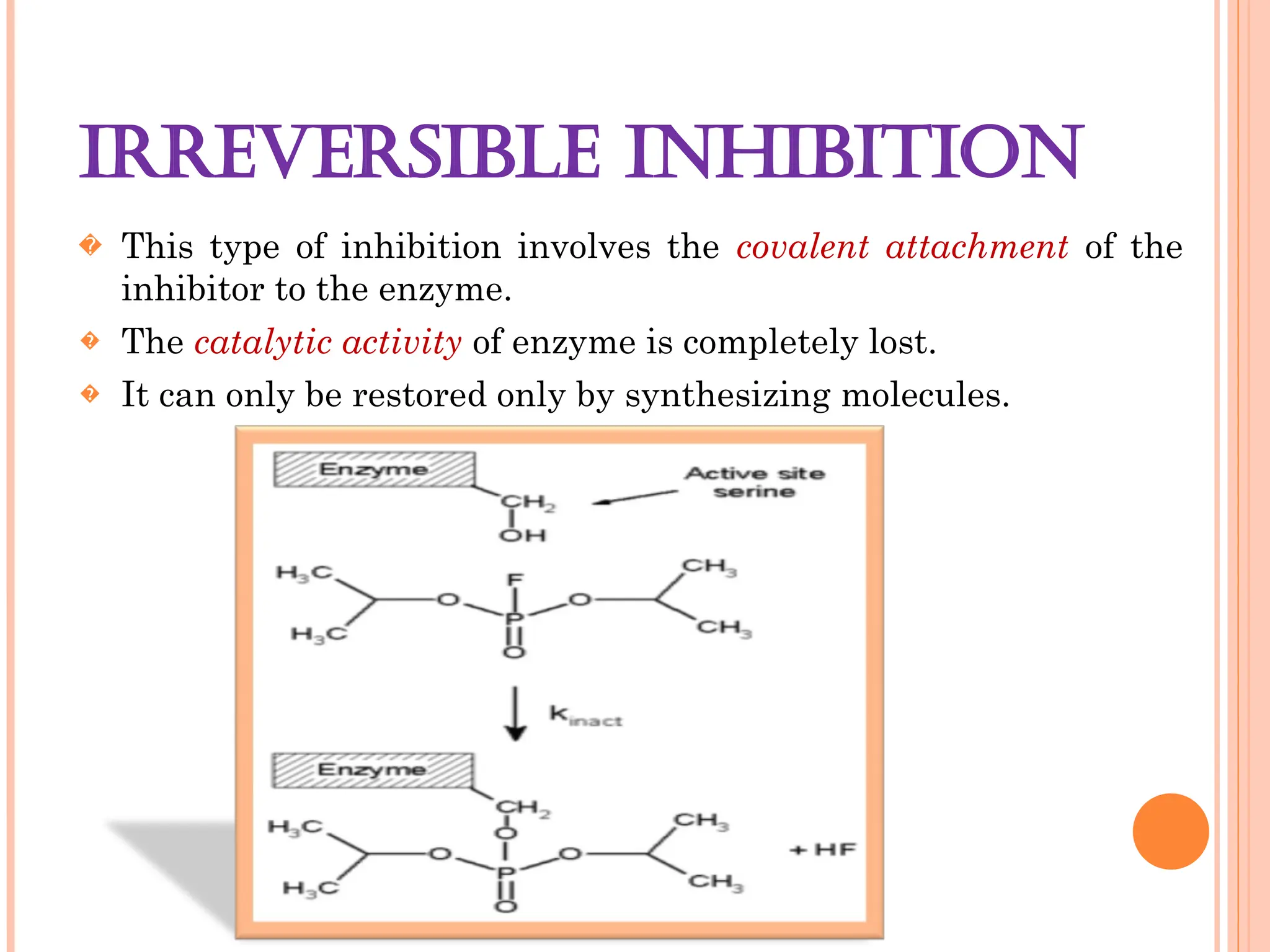 IRREVERSIBLE INHIBITION
� This type of inhibition involves the covalent attachment of the
inhibitor to the enzyme.
� The catalytic activity of enzyme is completely lost.
� It can only be restored only by synthesizing molecules.
 