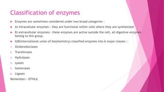 Classification of enzymes
 Enzymes are sometimes considered under two broad categories :
 A) intracellular enzymes:- they are functional within cells where they are synthesized
 B) extracellular enzymes:- these enzymes are active outside the cell, all digestive enzymes
belong to this group.
 IUB(international union of biochemistry) classified enzymes into 6 major classes :-
1. Oxidoreductases
2. Transferases
3. Hydrolases
4. Lyases
5. Isomerases
6. Ligases
Remember:- OTHLIL
 