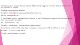 1.oxidoreductase:- enzyme that are catalyze the transfer of oxygen or hydrogen atoms or electron from
one substance to another.
Oxidation reduction
Examples:- alcohol dehydrogenase, cytochrome oxidase etc.
AH2 +B A + BH2
2. transferases:- enzyme that catalyze the transfer of specific functional groups(methyl or glycosyl group)
from one molecules to another.
A-x + B A + B-X
Examples:- transaminase, transmethylases, hexokinase etc.
3. hydrolases:- enzymes that bring about hydrolysis of various compounds by addition of water
A –B + H2O AH + BOH
Example:- pepsin, lipase, urease etc.
 