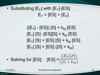 • Substituting [EF] with [ET]-[ES]:
                 ET = [ES] + [EF]

            ([ET] - [ES]) [S] = kM [ES]
            [ET] [S] -[ES][S] = kM [ES]
            [ET] [S] = [ES] [S] + kM [ES]
            [ET] [S] = [ES] ([S] + kM)

• Solving for [ES]: [ES] =

2/13/2013         By Mohd Anzar Sakharkar   14
 