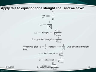 Apply this to equation for a straight line and we have:




               When we plot           versus        , we obtain a straight
               line.




   2/13/2013              By Mohd Anzar Sakharkar                        19
 