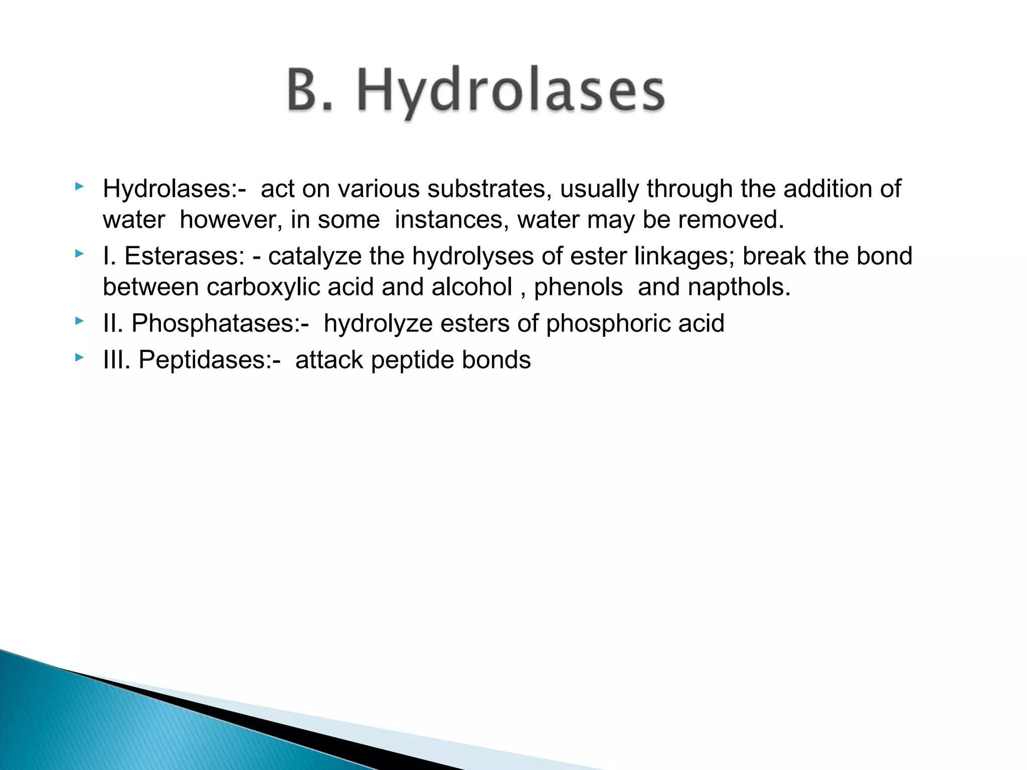  Hydrolases:- act on various substrates, usually through the addition of 
water however, in some instances, water may be removed. 
 I. Esterases: - catalyze the hydrolyses of ester linkages; break the bond 
between carboxylic acid and alcohol , phenols and napthols. 
 II. Phosphatases:- hydrolyze esters of phosphoric acid 
 III. Peptidases:- attack peptide bonds 
 