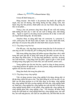 112




     Urease để định lượng ure…
      Dùng enzyme làm thuốc ví dụ protease làm thuốc tắc nghẽn tim
mạch, tiêu mủ vết thương, làm thông đường hô hấp, chống viêm, làm
thuốc tăng tiêu hóa protein, thành phần của các loại thuốc dùng trong da
liễu và mỹ phẩm…
      Trong y học các protease cũng được dùng để sản xuất môi trường
dinh dưỡng để nuôi cấy vi sinh vật sản xuất ra kháng sinh, chất kháng
độc… Ngoài ra người ta còn dùng enzyme protease để cô đặc và tinh chế
các huyết thanh kháng độc để chửa bệnh.
      Amylase được sử dụng phối hợp với coenzyme A, cytocrom C,
ATP, carboxylase để chế thuốc điều trị bệnh tim mạch, bệnh thần kinh,
phối hợp với enzyme thủy phân để chữa bệnh thiếu enzyme tiêu hóa.
9.2.2. Ứng dụng trong hóa học
     Cho đến nay, việc ứng dụng enzyme trong hóa học là do enzyme có
cảm ứng cao đối với nhiệt độ, pH và những thay đổi khác của môi trường.
      Một trong những ứng dụng chế phẩm enzyme đáng được chú ý nhất
trong thời gian gần đây là dùng chất mang để gắn phức enzyme xúc tác
cho phản ứng nhiều bước. Ví dụ tổng hợp glutathion, acid béo, alcaloid,
sản xuất hormone…Cũng bằng cách tạo phức, người ta gắn vi sinh vật để
sử dụng trong công nghệ xử lý nước thải, sản xuất alcohol, amino acid…
      Trong nghiên cứu cấu trúc hóa học, người ta cũng sử dụng enzyme,
ví dụ dùng protease để nghiên cứu cấu trúc protein, dùng endonuclease để
nghiên cứu cấu trúc nucleic acid …
     Dùng làm thuốc thử trong hóa phân tích.
9.2.3. Ứng dụng trong công nghiệp
       Việc sử dụng enzyme trong công nghiệp là đa dạng, phong phú và
đã đạt được nhiều kết quả to lớn. Thử nhìn thống kê sơ bộ sau đây về các
lãnh vực đã dùng protease ta có thể thấy được sự đa dạng: công nghiệp
thịt, công nghiệp chế biến cá,công nghiệp chế biến sữa, công nghiệp bánh
mì, bánh kẹo, công nghiệp bia, công nghiệp sản xuất sữa khô và bột trứng,
công nghiệp hương phẩm và mỹ phẩm, công nghiệp dệt, công nghiệp da,
công nghiệp phim ảnh, công nghiệp y học…Với amylase, đã được dùng
trong sản xuất bánh mì, công nghiệp bánh kẹo, công nghiệp rượu, sản xuất
bia, sản xuất mật,glucose, sản xuất các sản phẩm rau, chế biến thức ăn cho
 