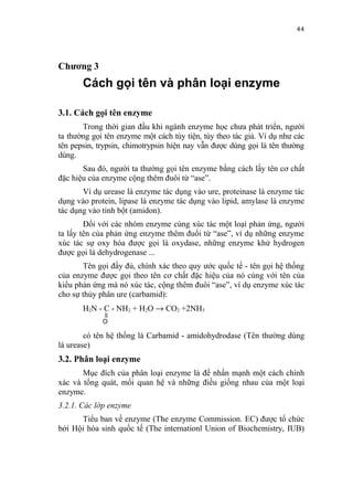 44


Chương 3
       Cách gọi tên và phân loại enzyme

3.1. Cách gọi tên enzyme
       Trong thời gian đầu khi ngành enzyme học chưa phát triển, người
ta thường gọi tên enzyme một cách tùy tiện, tùy theo tác giả. Ví dụ như các
tên pepsin, trypsin, chimotrypsin hiện nay vẫn được dùng gọi là tên thường
dùng.
       Sau đó, người ta thường gọi tên enzyme bằng cách lấy tên cơ chất
đặc hiệu của enzyme cộng thêm đuôi từ “ase”.
       Ví dụ urease là enzyme tác dụng vào ure, proteinase là enzyme tác
dụng vào protein, lipase là enzyme tác dụng vào lipid, amylase là enzyme
tác dụng vào tinh bột (amidon).
        Đối với các nhóm enzyme cùng xúc tác một loại phản ứng, người
ta lấy tên của phản ứng enzyme thêm đuổi từ “ase”, ví dụ những enzyme
xúc tác sự oxy hóa được gọi là oxydase, những enzyme khử hydrogen
được gọi là dehydrogenase ...
       Tên gọi đầy đủ, chính xác theo quy ước quốc tế - tên gọi hệ thống
của enzyme được gọi theo tên cơ chất đặc hiệu của nó cùng với tên của
kiểu phản ứng mà nó xúc tác, cộng thêm đuôi “ase”, ví dụ enzyme xúc tác
cho sự thủy phân ure (carbamid):
       H2N - C - NH2 + H2O → CO2 +2NH3
             O
        có tên hệ thống là Carbamid - amidohydrodase (Tên thường dùng
là urease)
3.2. Phân loại enzyme
       Mục đích của phân loại enzyme là để nhấn mạnh một cách chính
xác và tổng quát, mối quan hệ và những điều giống nhau của một loại
enzyme.
3.2.1. Các lớp enzyme
      Tiểu ban về enzyme (The enzyme Commission. EC) được tổ chức
bởi Hội hóa sinh quốc tế (The internationl Union of Biochemistry, IUB)
 