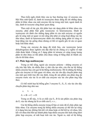 62


      Theo kiến nghị chính thức của ủy ban thường trực về enzyme của
Hội Hóa sinh Quốc tế, danh từ isoenzyme được dùng để chỉ những dạng
phân tử khác nhau của một enzyme tồn tại trong một loài; ngoài danh từ
này, danh từ isozyme cũng được quen dùng.
      Theo một số tác giả, khi phân loại các dạng phân tử khác nhau của
enzyme, phải phân biệt giữa isoenzyme và heteroenzyme. Danh từ
isoenzyme chỉ dành cho những dạng phân tử của một enzyme có nguồn
gốc từ cùng một cơ quan và mô cũng như phải có cùng hoạt động xúc tác
như nhau; danh từ heteroenzyme dành cho những dạng phân tử cùng có
hoạt động xúc tác giống nhau nhưng có thể có nguồn gốc từ các cơ quan
hoặc loài khác nhau.
      Trong các enzyme đa dạng đã trình bày, các isoenzyme lactat
dehydrogenase được nghiên cứu đặc điệt kỹ do chúng có ý nghĩa về mặt
chẩn đoán bệnh. Chúng có 5 dạng phân tử tetrame có cùng trọng lượng
phân tử như nhau có thể phân chia được riêng rẽ bằng điện di thành các
cấu tử rất khác nhau.
4.7. Phức hợp multienzyme
      Trong cơ thể sống, ngoài các enzyme polyme - những enzyme có
cấu trúc bậc bốn, do nhiều đơn vị nhỏ cấu tạo nên; còn tồn tại hệ thống
nhiều enzyme hay còn gọi là hệ thống multienzyme. Đó là những hệ thống
gồm các enzyme có liên quan với nhau, xúc tác cho dây chuyền phản ứng
của một quá trình trao đổi xác định, trong đó sản phẩm của phản ứng do
enzyme trước xúc tác là cơ chất của enzyme xúc tác cho phản ứng tiếp
theo.
     Có thể minh họa hệ thống gồm 3 enzyme E 1, E2, E3 xúc tác cho dây
chuyền phản ứng như sau:

       E1    E2   E3

     A→B→C→D
      Trong sơ đồ này, A là cơ chất của E1, B là sản phẩm của phản ứng
do E1 xúc tác nhưng lại là cơ chất của E2 v.v...
      Các hệ thống nhiều enzyme trong tế bào có mức độ tổ chức phức tạp
khác nhau. Các enzyme trong hệ thống nhiều enzyme có thể tồn tại riêng
rẽ ở dạng hòa tan, không liên kết với nhau hoặc có thể kết tụ với nhau, liên
kết với nhau khá bền tạo thành phức hợp nhiều enzyme khi tách riêng khỏi
phức hợp enzyme, sẽ mất hoạt tính xúc tác. Ngoài ra, một số hệ thống
 