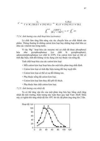 87




7.2.4. Ảnh hưởng của chất hoạt hóa (activator)
     Là chất làm tăng khả năng xúc tác chuyển hóa cơ chất thành sản
phẩm. Thông thường là những cation kim loại hay những hợp chát hữu cơ
như các vitamin tan trong nước.
      Ví dụ: Mg++ hoạt hóa các enzyme mà cơ chất đã được phosphoryl
hóa     như      pyrophosphatase      (cơ    chất    là    pyrophosphate),
adenosintriphosphatase (cơ chất là ATP). Các cation kim loại có thể có
tính đặc hiệu, tính đối kháng và tác dụng còn tuỳ thuộc vào nồng độ.
     Tính chất hoạt hóa của các cation kim loại:
     + Mỗi cation kim loại hoạt hóa cho một kiểu phản ứng nhất định.
     + Cation kim loại có tính đặc hiệu tương đối hay tuyệt đối.
     + Cation kim loại có thể có sự đối kháng ion.
     + Phụ thuộc nồng độ cation kim loại .
     + Cation kim loại làm thay đổi pH tối thích.
     + Phụ thuộc bản chất cation kim loại.
7.2.5. Ảnh hưởng của nhiệt độ
      Ta có thể tăng vận tốc của một phản ứng hóa học bằng cách tăng
nhiệt độ môi trường, hiện tượng này tuân theo quy luật Vant -Hoff. Điều
này có nghĩa khi tăng nhiệt độ lên 100C thì tốc độ phản ứng tăng lên 2 lần.

     Hoạt độ
 