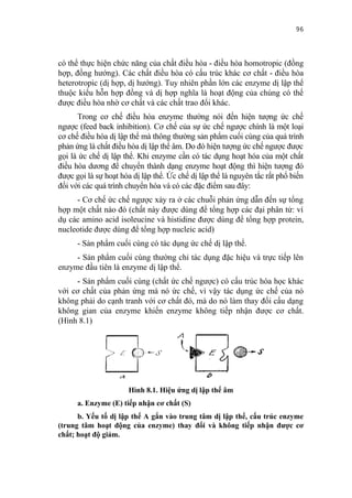 96


có thể thực hiện chức năng của chất điều hòa - điều hòa homotropic (đồng
hợp, đồng hướng). Các chất điều hòa có cấu trúc khác cơ chất - điều hòa
heterotropic (dị hợp, dị hướng). Tuy nhiên phần lớn các enzyme dị lập thể
thuộc kiểu hỗn hợp đồng và dị hợp nghĩa là hoạt động của chúng có thể
được điều hòa nhờ cơ chất và các chất trao đổi khác.
      Trong cơ chế điều hòa enzyme thường nói đến hiện tượng ức chế
ngược (feed back inhibition). Cơ chế của sự ức chế ngược chính là một loại
cơ chế điều hòa dị lập thể mà thông thường sản phẩm cuối cùng của quá trình
phản ứng là chất điều hòa dị lập thể âm. Do đó hiện tượng ức chế ngược được
gọi là ức chế dị lập thể. Khi enzyme cần có tác dụng hoạt hóa của một chất
điều hòa dương để chuyển thành dạng enzyme hoạt động thì hiện tượng đó
được gọi là sự hoạt hóa dị lập thể. Ức chế dị lập thể là nguyên tắc rất phổ biến
đối với các quá trình chuyển hóa và có các đặc điểm sau đây:
     - Cơ chế ức chế ngược xảy ra ở các chuỗi phản ứng dẫn đến sự tổng
hợp một chất nào đó (chất này được dùng để tổng hợp các đại phân tử: ví
dụ các amino acid isoleucine và histidine được dùng để tổng hợp protein,
nucleotide được dùng để tổng hợp nucleic acid)
      - Sản phẩm cuối cùng có tác dụng ức chế dị lập thể.
     - Sản phẩm cuối cùng thường chỉ tác dụng đặc hiệu và trực tiếp lên
enzyme đầu tiên là enzyme dị lập thể.
     - Sản phẩm cuối cùng (chất ức chế ngược) có cấu trúc hóa học khác
với cơ chất của phản ứng mà nó ức chế, vì vậy tác dụng ức chế của nó
không phải do cạnh tranh với cơ chất đó, mà do nó làm thay đổi cấu dạng
không gian của enzyme khiến enzyme không tiếp nhận được cơ chất.
(Hình 8.1)




                      Hình 8.1. Hiệu ứng dị lập thể âm
      a. Enzyme (E) tiếp nhận cơ chất (S)
      b. Yếu tố dị lập thể A gắn vào trung tâm dị lập thể, cấu trúc enzyme
(trung tâm hoạt động của enzyme) thay đổi và không tiếp nhận được cơ
chất; hoạt độ giảm.
 
