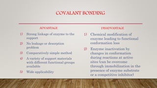 COVALANT BONDING
ADVANTAGE
1) Strong linkage of enzyme to the
support
2) No leakage or desorption
problem
3) Comparatively simple method
4) A variety of support materials
with different functional groups
available
5) Wide applicability
DISADVANTAGE
1) Chemical modification of
enzyme leading to functional
conformation loss
2) Enzyme inactivation by
changes in conformation
during reactions at active
sites (can be overcome
through immobilization in the
presence of enzyme substrate
or a competitive inhibitor)
 