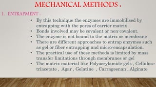MECHANICAL METHODS :
1. ENTRAPMENT :
• By this technique the enzymes are immobilised by
entrapping with the pores of carrier matrix .
• Bonds involved may be covalent or non-covalent.
• The enzyme is not bound to the matrix or membrane
• There are different approaches to entrap enzymes such
as gel or fiber entrapping and micro-encapsulation.
• The practical use of these methods is limited by mass
transfer limitations through membranes or gel
• The matrix material like Polyacrylamide gels , Cellulose
triacetate , Agar , Gelatine , Carrageenan , Alginate
 