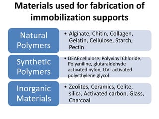 Materials used for fabrication of
immobilization supports
• Alginate, Chitin, Collagen,
Gelatin, Cellulose, Starch,
Pectin
Natural
Polymers
• DEAE cellulose, Polyvinyl Chloride,
Polyaniline, glutaraldehyde
activated nylon, UV- activated
polyethylene glycol
Synthetic
Polymers
• Zeolites, Ceramics, Celite,
silica, Activated carbon, Glass,
Charcoal
Inorganic
Materials
 