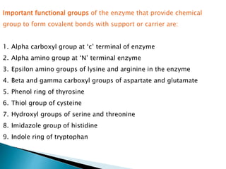 Important functional groups of the enzyme that provide chemical
group to form covalent bonds with support or carrier are:
1. Alpha carboxyl group at ‘c’ terminal of enzyme
2. Alpha amino group at ‘N’ terminal enzyme
3. Epsilon amino groups of lysine and arginine in the enzyme
4. Beta and gamma carboxyl groups of aspartate and glutamate
5. Phenol ring of thyrosine
6. Thiol group of cysteine
7. Hydroxyl groups of serine and threonine
8. Imidazole group of histidine
9. Indole ring of tryptophan
 