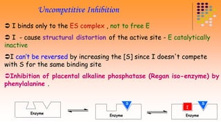 Uncompetitive Inhibition 
 I binds only to the ES complex , not to free E 
 I - cause structural distortion of the active site - E catalytically 
inactive 
I can’t be reversed by increasing the [S] since I doesn't compete 
with S for the same binding site 
Inhibition of placental alkaline phosphatase (Regan iso-enzyme) by 
phenylalanine . 
Enzyme 
Enzyme 
S 
Enzyme 
I 
S 
I 
 