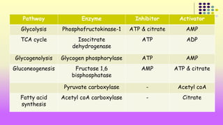 Pathway Enzyme Inhibitor Activator 
Glycolysis Phosphofructokinase-1 ATP & citrate AMP 
TCA cycle Isocitrate 
dehydrogenase 
ATP ADP 
Glycogenolysis Glycogen phosphorylase ATP AMP 
Gluconeogenesis Fructose 1,6 
bisphosphatase 
AMP ATP & citrate 
Pyruvate carboxylase - Acetyl coA 
Fatty acid 
synthesis 
Acetyl coA carboxylase - Citrate 
 