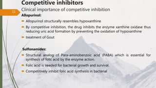 Competitive inhibitors
Clinical importance of competitive inhibition
Allopurinol:
 Allopurinol structurally resembles hypoxanthine
 By competitive inhibition, the drug inhibits the enzyme xanthine oxidase thus
reducing uric acid formation by preventing the oxidation of hypoxanthine
 treatment of Gout
Sulfonamides:
 Structural analog of Para-aminobenzoic acid (PABA) which is essential for
synthesis of folic acid by the enzyme action.
 Folic acid is needed for bacterial growth and survival.
 Competitively inhibit folic acid synthesis in bacterial
.
11
 