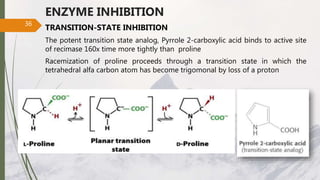 ENZYME INHIBITION
TRANSITION-STATE INHIBITION
The potent transition state analog, Pyrrole 2-carboxylic acid binds to active site
of recimase 160x time more tightly than proline
Racemization of proline proceeds through a transition state in which the
tetrahedral alfa carbon atom has become trigomonal by loss of a proton
36
 