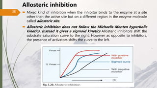 Allosteric inhibition
 Mixed kind of inhibition when the inhibitor binds to the enzyme at a site
other than the active site but on a different region in the enzyme molecule
called allosteric site.
 Allosteric inhibition does not follow the Michaelis-Menten hyperbolic
kinetics. Instead it gives a sigmoid kinetics Allosteric inhibitors shift the
substrate saturation curve to the right. However as opposite to inhibitors,
the presence of activators shifts the curve to the left.
38
 