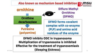 Difluro Methyl
Ornithine
(DFMO)-
DFMO inhibits ODC in trypanosoma
Multiplication of trypanosoma is inhibited
Effective for the treatment of trypanosomiasis
(Sleeping Sickness)
DFMO forms covalent
complex with co-enzyme
(PLP) and amino acid
residues of the enzyme
8/27/2010 21
Dr. Ashok KUmar J; ; Department of Biochemistry. MSU,
Malaysia
 