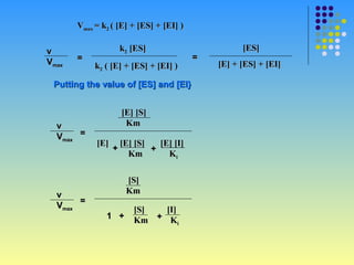 Vmax = k2 ( [E] + [ES] + [EI] )

v                     k2 [ES]                       [ES]
       =                                  =
Vmax        k2 ( [E] + [ES] + [EI] )          [E] + [ES] + [EI]

 Putting the value of [ES] and [EI}


                      [E] [S]
  v                    Km
  Vmax =
            [E]       [E] [S]   [E] [I]
                  +           +
                        Km        Ki

                       [S]
  v                    Km
       =
  Vmax                   [S]   [I]
               1 +       Km  + K
                                   i
 