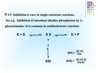  UC Inhibition is rare in single-substrate reactions.
 for e.g. Inhibition of intestinal alkaline phosphatase by L-
phenylalanine. It is common in multisubstrate reactions

         E+S                   ES                  E+P
                                 +
                                 I
                                                       [E] [S]
                                                [ES] = Km

                                                         [E] [S] [I]
                               ESI             [ESI] =
                                                          Km Ki
 